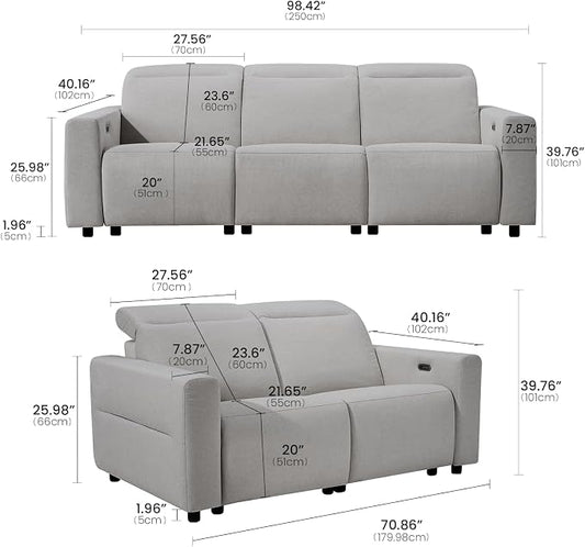 ModernMate Power Recliner Sofa Set with 3-Seater & Loveseat, Oversize Zero Gravity Modular Sectional Couch with Manual Adjustable Headrest, Zero Wall Hugger, USB & Type-C Ports, 27.6" Wide Seat, Grey