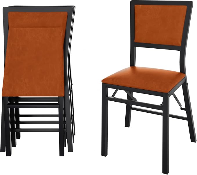 VECELO Folding Dining Chairs Set of 4, Metal Padded Foldable Seating with Comfortable Faux Leather, Space-Saving Portable Guest Seats for Kitchen & Office, No Assembly, Cognac Brown