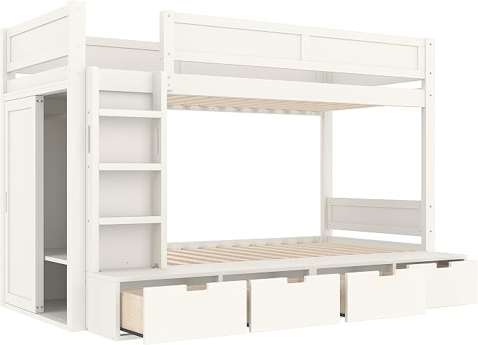 Bellemave Twin Over Twin Bunk Bed with Storage Drawers,Solid Wood Bunk Bed with Built-in Wardrobe,Storage Shelf and Safety Guardrails for Kids Girls Boys,Ivory