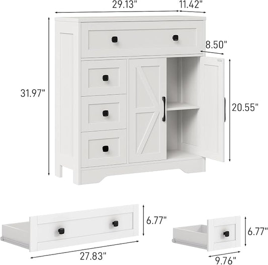 Vabches Farmhouse Storage Cabinet with 2 Doors and 4 Drawers, Freestanding Bathroom Storage Cabinet Kitchen Pantry, Floor Hutch Cupboard for Living Room/Bathroom/Kitchen,(Unique White)