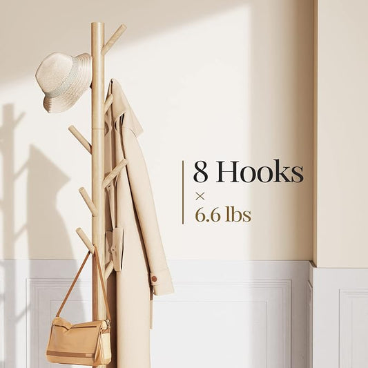 Pipishell Solid Wooden Coat Rack Freestanding, Hall Tree with 8 Hooks, 3 Height Options for Coats, Hats, Handbags, and Scarves, Tool-Free Assembly, Space Saving Design for Entryway, Office, Bedroom