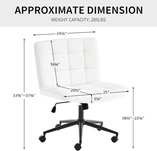 Furnimart Swivel Criss Cross Legged Chair with Wheels for Home Office, Wide Armless Desk Chair Height Adjustable Comfy Seat for Desk,Vanity, Bedroom, PU Ivory White