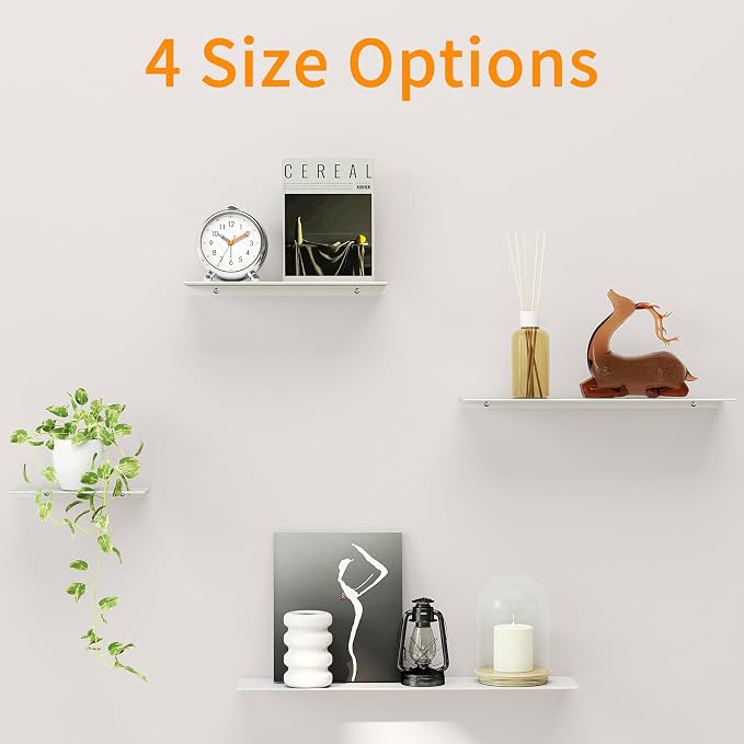 MKO 20" Floating Shelves for Wall, Long Metal Wall Mounted Shelf for Bathroom, Bedroom, Living Room, Kitchen, Display Hanging Shelves for Books/Storage/Room Decor 2 Packs, White