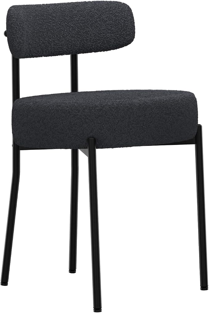DYHOME Black Boucle Dining Chairs Set of 2, Mid Century Modern Kitchen Chairs with Curved Backrest and Metal Legs, Upholstered Dining Room Chairs
