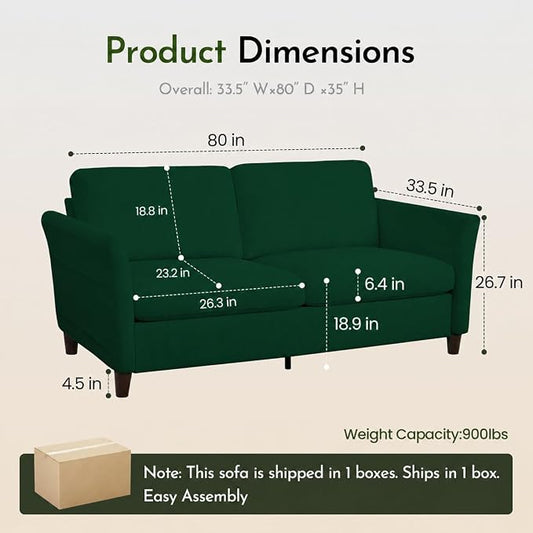 Valthie 80" Corduroy Loveseat Sofa, Modern Comfy Couches with Side Pocket, 3-Seater Sofa Couch for Living Room, Bedroom and Small Spaces,Green