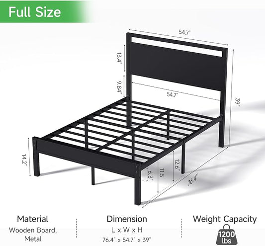 Z-hom Full Metal Bed Frame with Wooden Headboard and Footboard, Heavy Duty Platform Frame with Metal Slats, No Box Spring Needed, Quiet and Non-Slip Design, Space Saving Bed Frame for Bedroom,Black