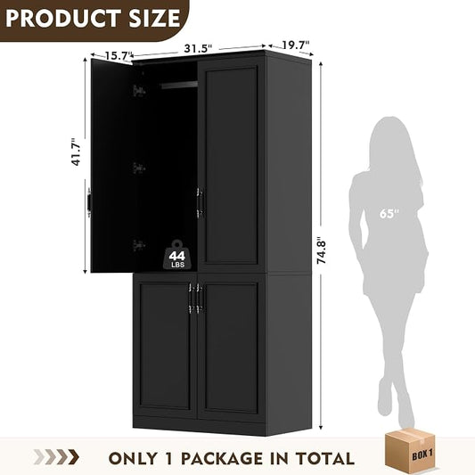 MEISSALIVVE Armoire Wardrobe Closet with 4 Door, 74.8" Large Wardrobe Cabinet with Hanging Rod, Freestanding Modern Bedroom Armoire Storage Cabinet, Black