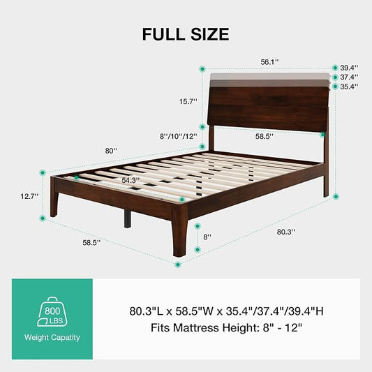 Novilla Full Size Bed Frame with 3-Level Adjustable Storage Headboard, Solid Wood Platform Bed Frame with Slats, No Box Spring Needed, Noise Free, Walnut Finish for Master Bedroom and Guest Room