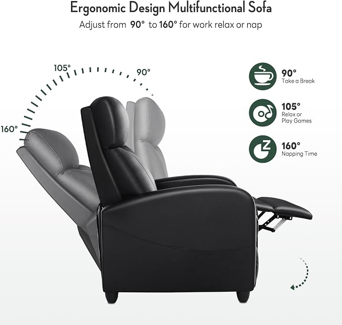 Recliner Chair, Recliner Sofa PU Leather for Adults, Recliners Home Theater Seating with Lumbar Support, Reclining Sofa Chair for Living Room, Black