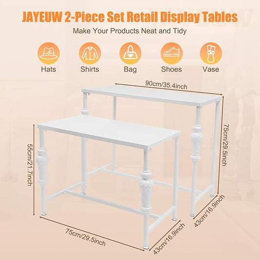 Retail Display Tables White Boutique Nesting Tables | 2 Piece Set, Vintage Display Table, Clothing Shoes Display Shelf, For Retail Stores, Carbon Steel