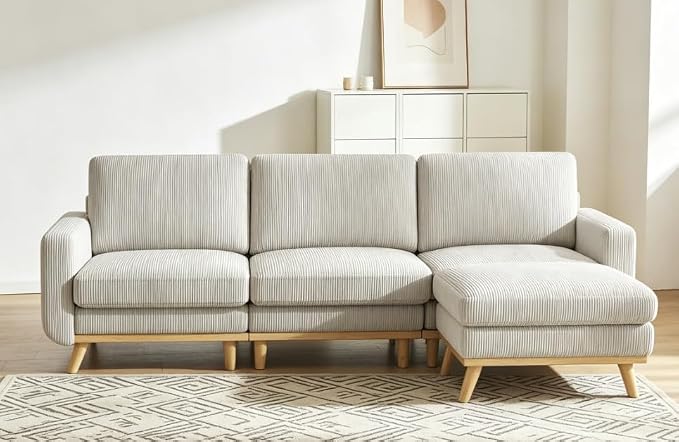 L-Shaped Sectional Sofa, 3-Seater Convertible Couch with Ottoman, FSC Certified Solid Wood Frame, Spring Cushions, Curved Armrests, Comfort Corduroy Sofa for Living Room, Apartment, Office, Light Gray