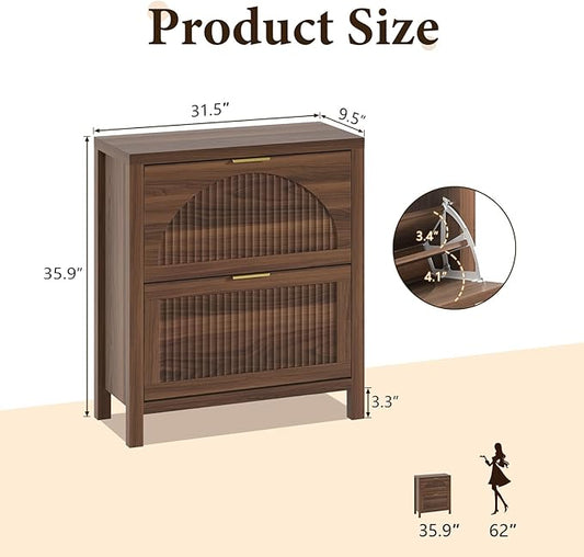 YOMILUVE Shoe Storage Cabinet for Entryway, Fluted Shoe Cabinet with 2 Flip Drawers, Hidden Shoe Rack Slim Freestanding Shoe Organizer with Legs for Hallway, Walnut