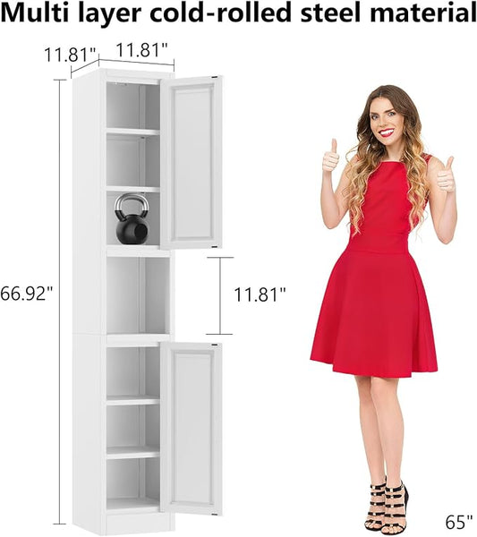 Metal Tall Narrow Storage Cabinet,67" H Freestanding Floor Cabinet with 2 Doors and 4 Adjustable Shelves,Pantry Storage Cabinet for Bathroom,Living Room,Entryway and Kitchen (White)