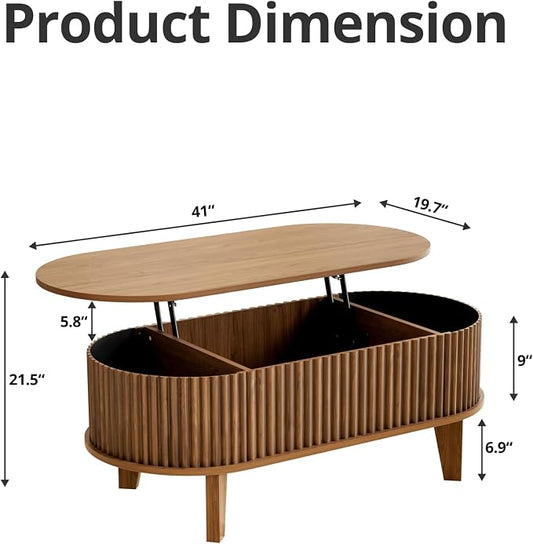 Oval Lift Top Coffee Table with Storage, 41" Wood Fluted Modern Living Room Center Table for Home Office, Walnut