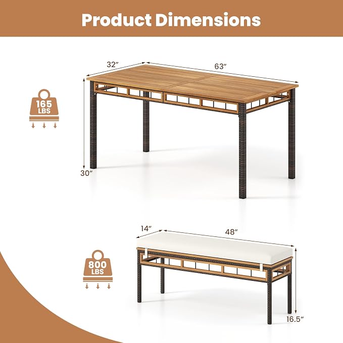 Tangkula 3 Pieces Wood Patio Dining Set, Outdoor PE Wicker Rectangular Acacia Wood Table and 2 Cushioned Benches with 1.97” Umbrella Hole, Outside Furniture Set for Deck, Garden and Backyard
