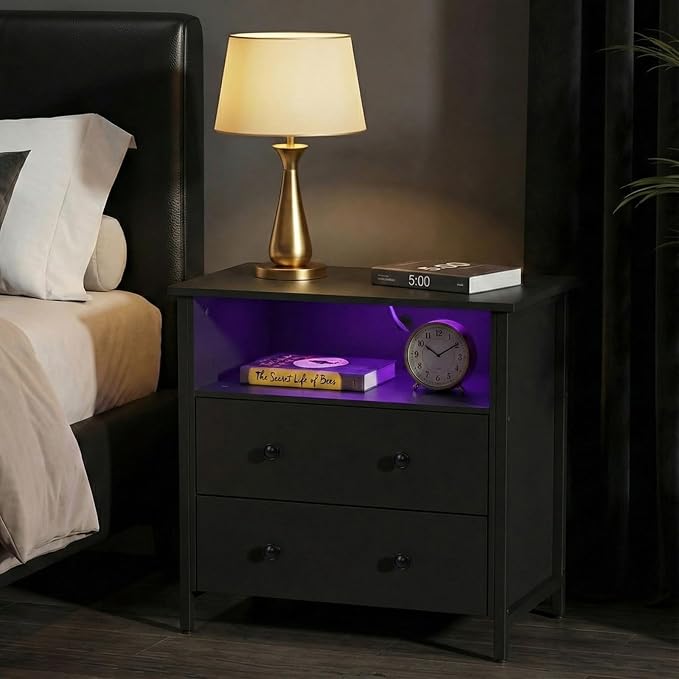 27" LED Nightstand Set 2 with Charging Station, 2 Drawers, Black. | Solid Wood and Steel Frame, 2 AC Outlets, 2 USB Ports, RGB App Control, Open Storage, Adjustable Feet, for Bedroom or Office