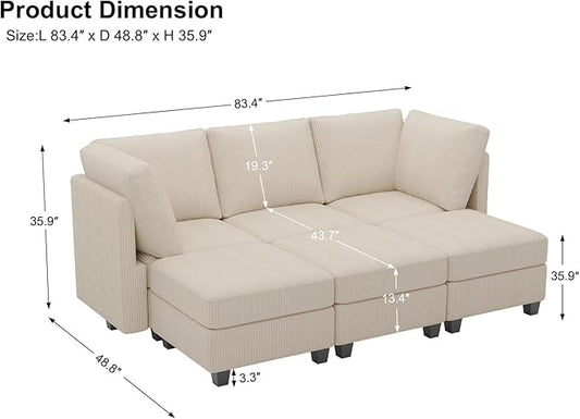Belffin Modular Sectional Sleeper Sofa with Storage Seat 6 Seat Sectional Sleeper Sofa Bed Corduroy Convertible Sectional Couch with Reversible Chaise Beige Modular Couch for Living Room