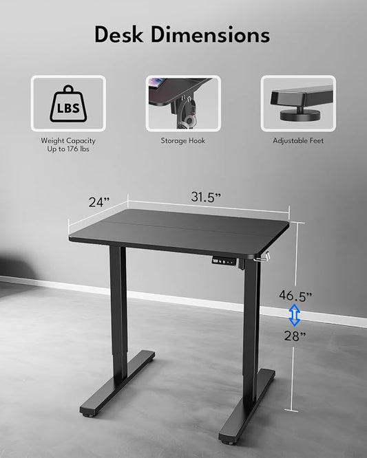 Standing Desk, Height Adjustable Electric Stand up Desk, 31.5 x 24 Inches Sit Stand Home Office Desk with Splice Board, Black Frame/Black Top