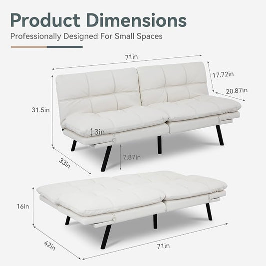 Futon Sofa Bed Convertible Couch, White Faux Leather Sofa Bed with Memory Foam, Adjustable Backrest & Armrests, Multifunctional Small Loveseat Sleeper Sofa for Living Room, Apartment, Office