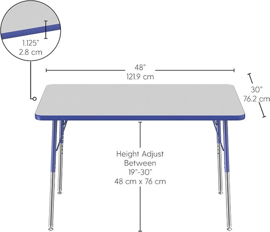 FDP Rectangle Activity School and Office Table (30 x 48 inch), Standard Legs with Swivel Glides, Adjustable Height 19-30 inches; Quick Ship Single Box - Gray Top and Blue Edge