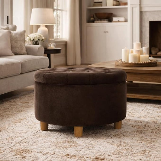 HomePop 28" Button Tufted Velvet Round Storage Ottoman - Chocolate Brown Velvet