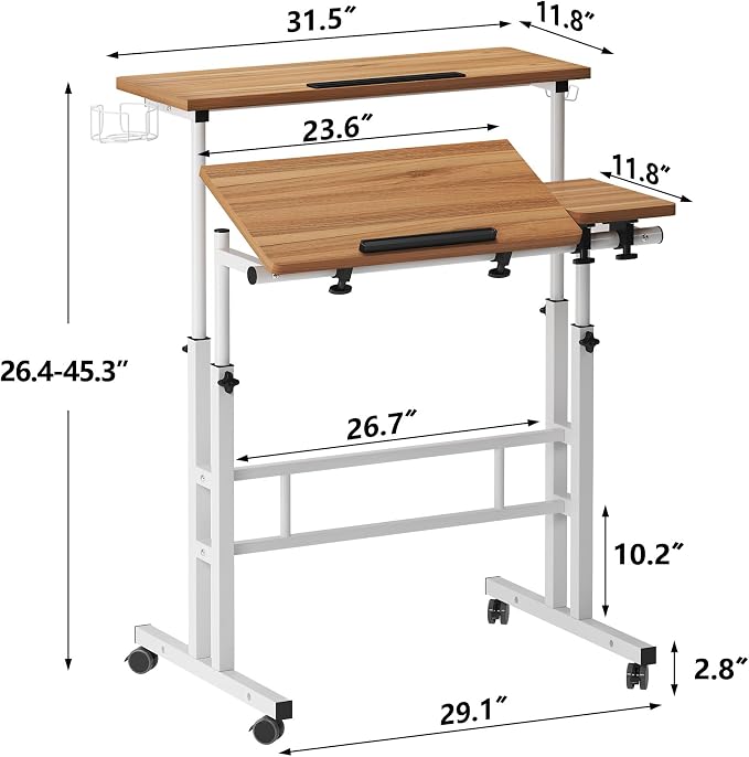SogesHome 31.5 inch Mobile Standing Desk Adjustable Computer Desk Rolling Laptop Cart Portable Laptop Stand on Wheels Home Office Workstation with Cup Holder,Headphone Holder, Upgrade Oak