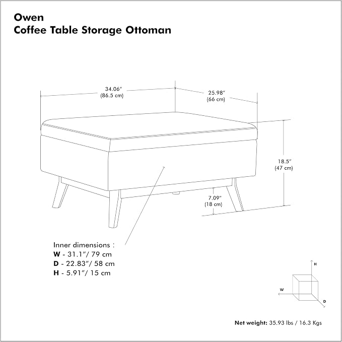 SIMPLIHOME Owen Coffee Table Storage Ottoman - 34" Wide x 19" High Upholstered Tweed Look Fabric Rectangular Lift-Top Ottoman in Ebony, Mid-Century Modern Bench for Living Room with Tapered Legs