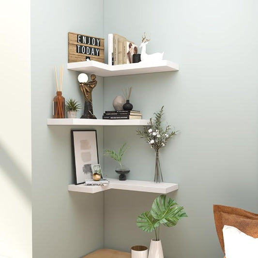 NATURE'S SOURCE Floating Corner Shelves with Invisible Brackets Set of 3, Corner Shelves Wall Mounted, for Home Bedroom Bathroom Kitchen Living Room Office- 16.1" x 11.5" (Pure White)