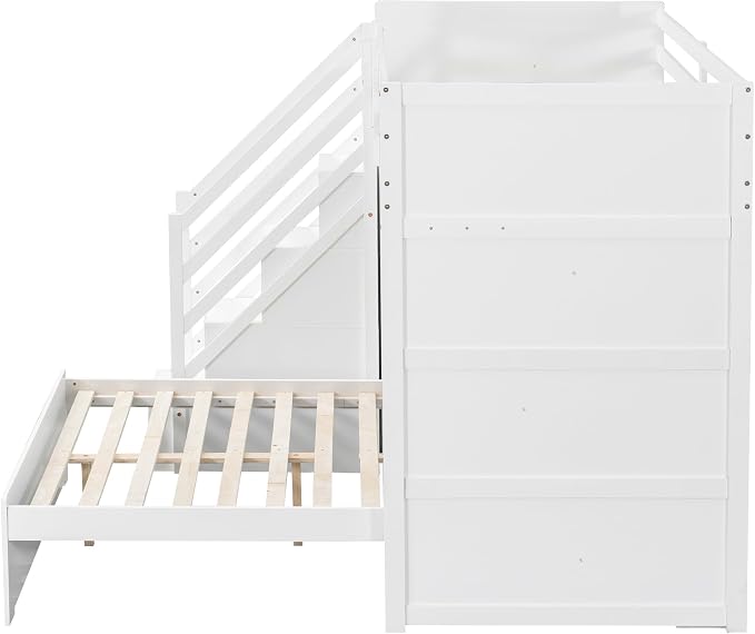 RUNNA Twin Over Full Bunk Bed with Storage Stairs,USB,Light,White | Twin over full bunk bed with storage stairs, USB charging station, light, solid wood, guardrails, no box spring needed, white