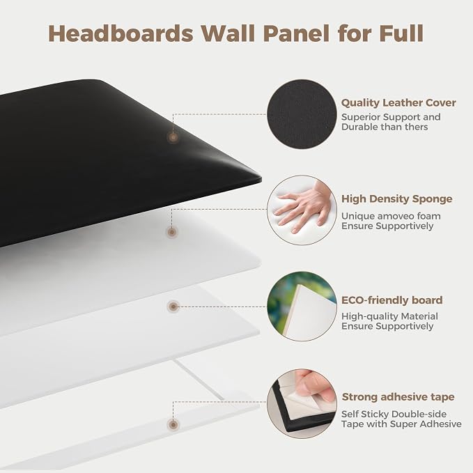 Black Stick-On Wall Mounted Headboard - 12-Piece Modular Bed Backboard for Queen Size Beds, 24 x 12 Inches Each, Easy-to-Install Sound-Proofing Decorative Bed Headboard Queen