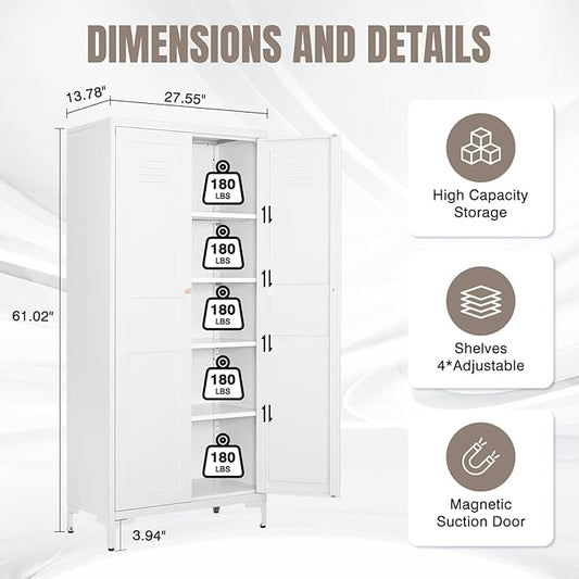 Yizosh Metal Storage Cabinet with 2 Doors and 4 Adjustable Shelves - 61" White Kitchen Pantry Storage 5-Tier Tall Steel Cabinets Locker for Kitchen, Living Room, Dining Room