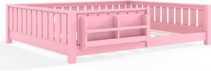 Bellemave Queen Size Floor Bed with high Rails and with Built-in Bookshelf for Kids, Girls, Boys, Wood Montessori Floor Bed Without Door, Pink