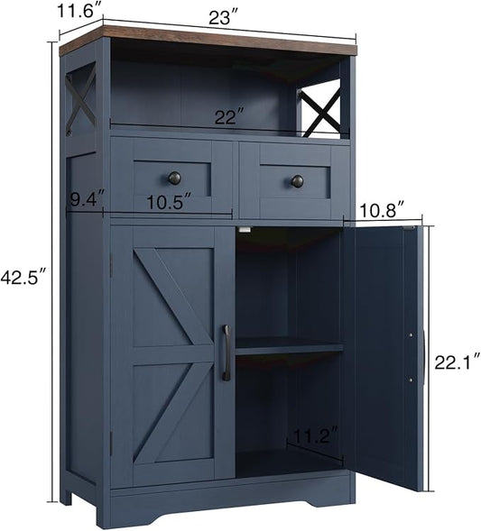 Befrases Farmhouse Blue Storage Cabinet with Barn Doors and Drawers, Small Freestanding Kitchen Pantry Cabinet, Hutch Cupboard for Kitchen, Laundry, Living Room,Bathroom