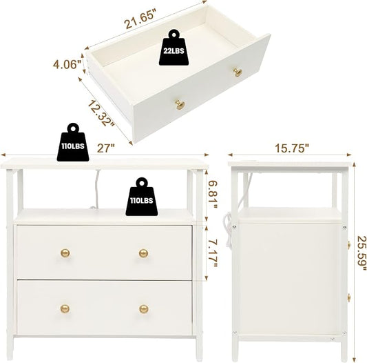Edbuosy 27 inch Wide Night Stand with Charging Station, Bedside Table with Open Shelf, 2 Drawers Small Wood Dresser, Modern Wood Nightstand for Bedroom/Living Room, White