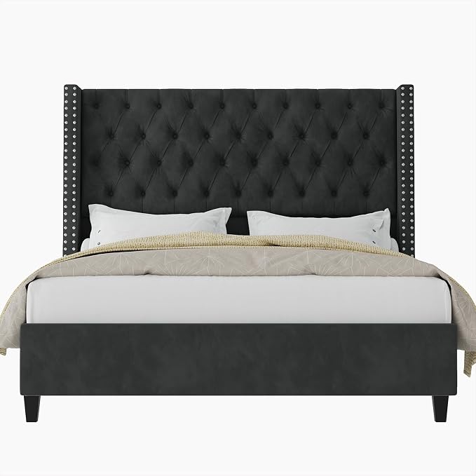Jocisland Queen Size Bed Frame with 51.6” Wingback Tufted Velvet Headboard, Modern Upholstered Platform Bed, No Box Spring Needed, Easy Assembly, Black