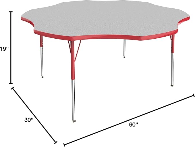 FDP Flower Activity School and Office Table (60 inch), Standard Legs with Swivel Glides for Collaborative Seating Environments, Adjustable Height 19-30 inches - Gray Top and Red Edge
