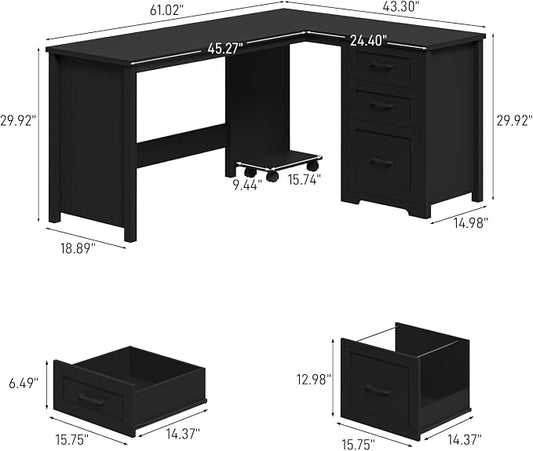 Vabches 61”Farmhouse L Shaped Executive Desk with File Drawers, Corner Computer Desk with Mobile CPU Stand, Wood Writing Computer Desk for Work, Study.Pure Black