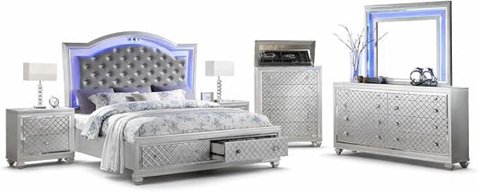 First of a Kind Shiney Contemporary 5 Piece Queen Bedroom Set High Gloss Silver Finish with Upholstered Headboard, Sleek Modern Bedroom Furniture Set for Coordinated Interiors