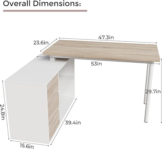 Home Office Computer Desk Corner Desk with 3 Drawers and 2 Shelves, 53-inch L-Shaped Study Desk with Storage, White + Walnut