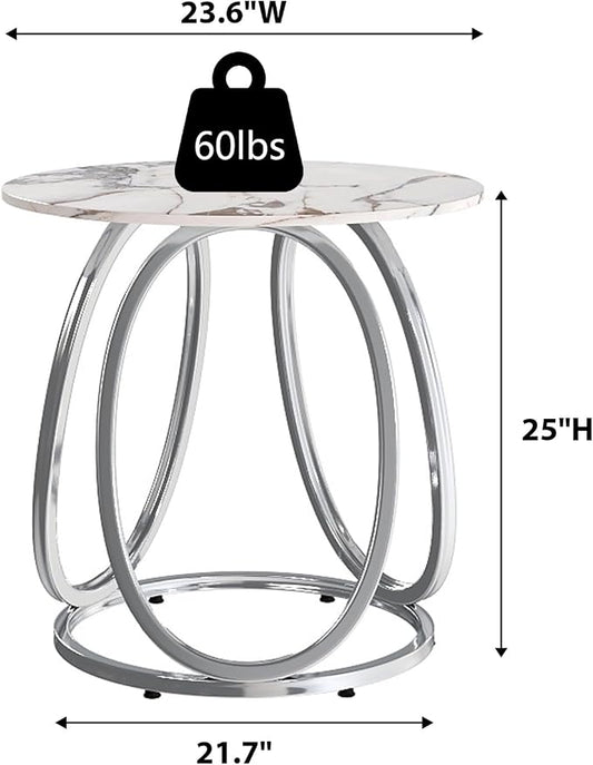 O&K FURNITURE Silver Side Table Living Room, Round End Table with Metal Frame, Modern Nightstand for Small Spaces, Bedroom, Home Office, 1PC