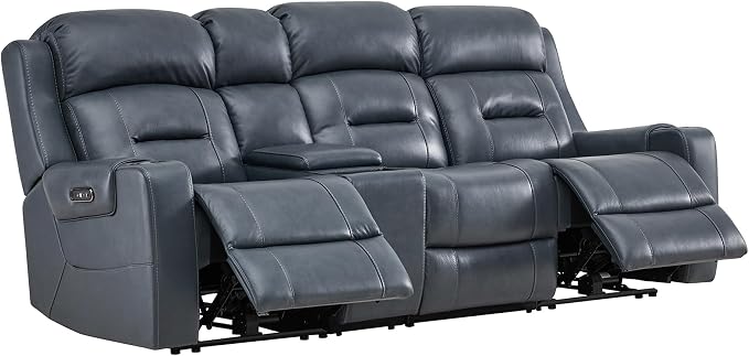 Watson & Whitely Genuine Leather Power Recliner Sofa, Lay Flat Reclining Sofa with Storage Console, Power Headrest & Cup Holders, 3 Seater Electric Reclining Couch for Living Room, Navy Blue