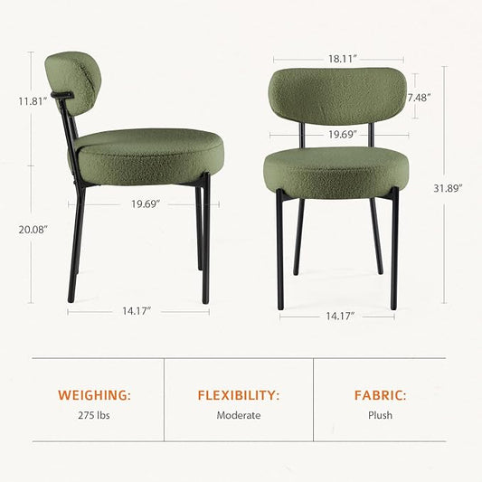DUMOS Dining Chairs Set of 2, Mid Century Modern Chair Round Upholstered Curved Backrest, Kitchen Vanity Living Room Chairs with Black Metal Legs, Green