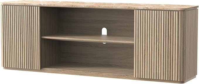 70" TV Stand, Modern Entertainment Center for TVs Up to 80", Fluted TV Console with Storage, Adjustable Shelves, Faux Marble Top, Curved Profile Design, Wood Media Console for Living Room, Natural Oak