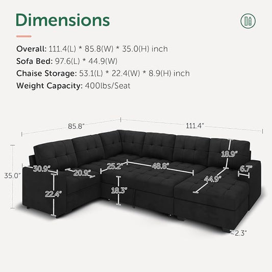 HONBAY Modular Sectional Sleeper Sofa with Pull Out Bed, U Shaped Sleeper Couches with Storage Chaise, 114'' Sleeper Sectional Sofas for Living Room, Apartment (Velvet Black)
