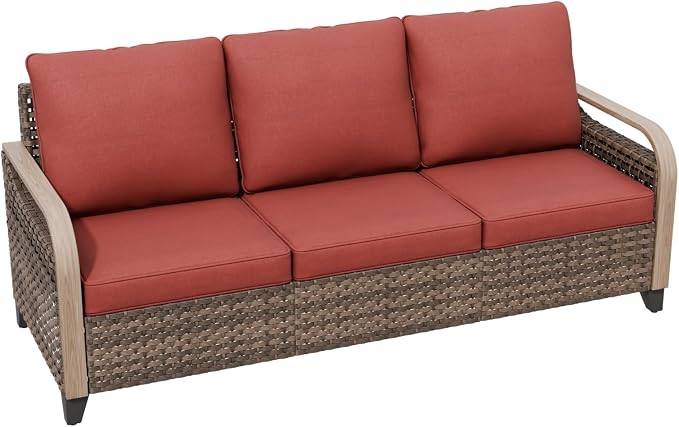 Modern Wicker Patio Sofa, Rattan Outdoor Couch for Small Balcony, 3 Seat Couch Furniture Set for Garden Deck Backyard, Brown/Red