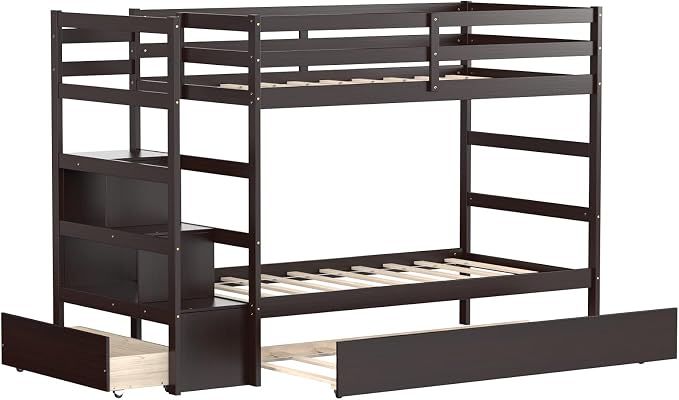 Giantex Twin Over Twin Bunk Bed with Trundle, Solid Wood Bunkbeds with Guard Rail and Storage Stairs, Twin Bunk Bed Frame, Suitable for Kids, Teens, No Box Spring Needed (Espresso)