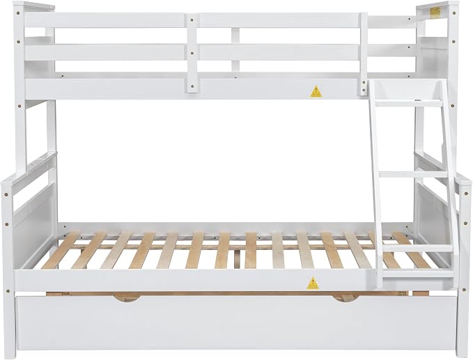 Merax Trundle Bunk Bed, Twin Over Full Wood Bunk Bed with Twin Size Trundle and Ladder, 3-in-1 Convertible to 2 Separate Beds, Solid Wood Frame with Guardrail, White