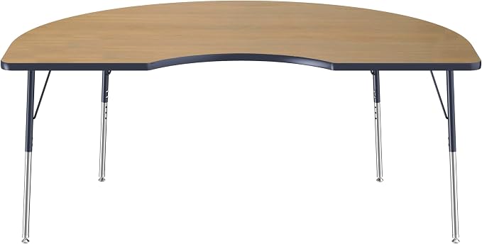 FDP Kidney (48 x 72 inch) Collaborative Classroom Table with Adjustable Standard Swivel Glide Legs (19-30 in); School and Office Furniture - Pasadena Oak Top/Navy Edge and Legs