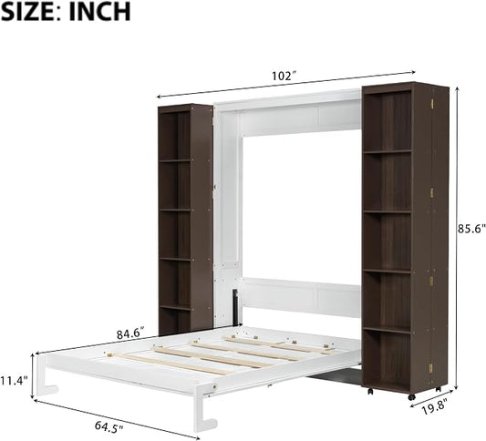 MERITLINE Folding Hidden Queen Murphy Bed Cabinet with Storage Bookcase Bookshelf, Wood Murphy Wall Bed with Storage Shelves Cabinet for Adults (Espresso)