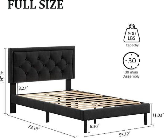 CXVX Full Size Platform Bed Frame with Upholstered Velvet Button Tufted Headboard, Mattress Foundation with Wooden Slat Support, No Box Spring Needed, Easy Assembly, Noise Free, Black